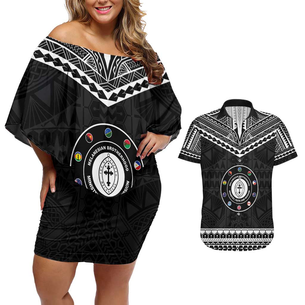 Personalised Melanesian Brotherhood Couples Matching Off Shoulder Short Dress and Hawaiian Shirt Ministry Faith And Mission LT05 Black - Polynesian Pride