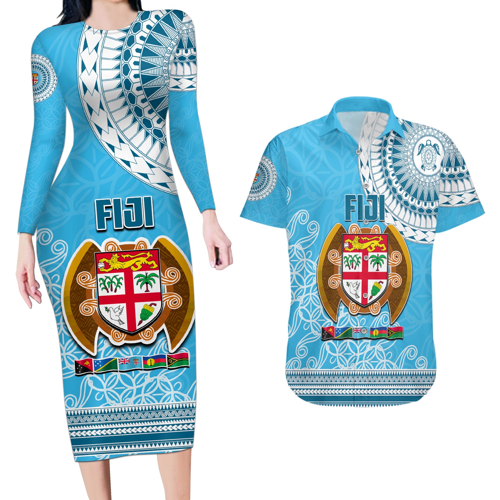 Fiji Couples Matching Long Sleeve Bodycon Dress and Hawaiian Shirt Melanesian Festival 2023 LT6 Blue - Polynesian Pride