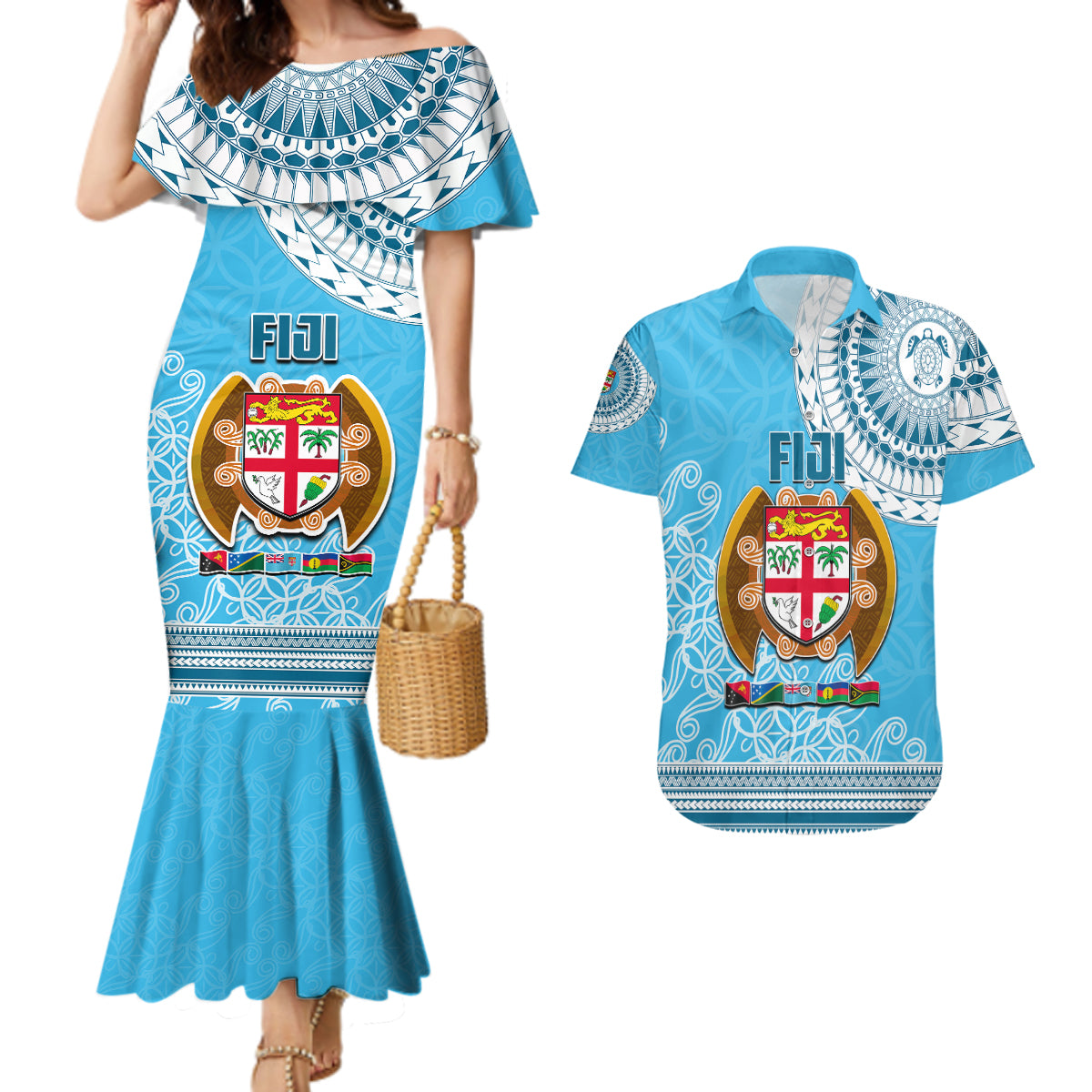 Fiji Couples Matching Mermaid Dress And Hawaiian Shirt Melanesian Festival 2023 LT6 Blue - Polynesian Pride