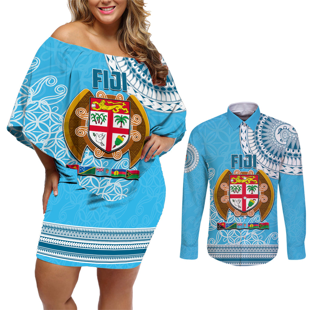 Fiji Couples Matching Off Shoulder Short Dress and Long Sleeve Button Shirts Melanesian Festival 2023 LT6 Blue - Polynesian Pride