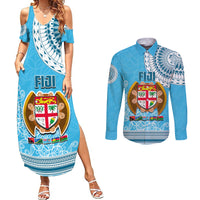 Fiji Couples Matching Summer Maxi Dress and Long Sleeve Button Shirts Melanesian Festival 2023 LT6 Blue - Polynesian Pride