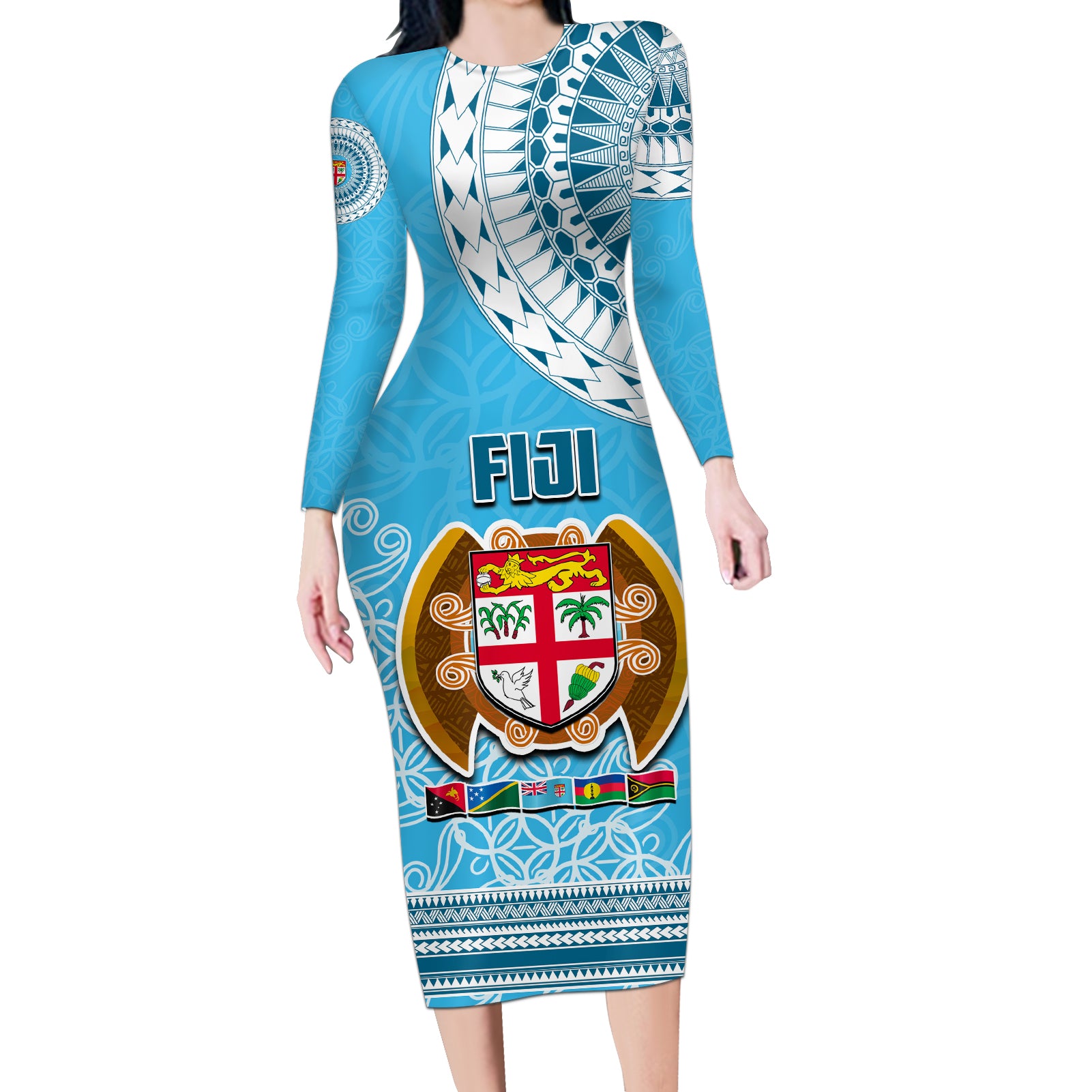 Fiji Long Sleeve Bodycon Dress Melanesian Festival 2023 LT6 Long Dress Blue - Polynesian Pride