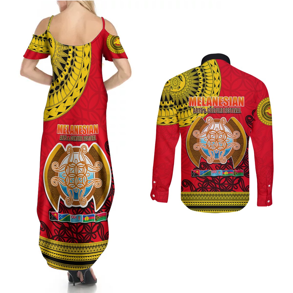 Papua New Guinea Couples Matching Summer Maxi Dress and Long Sleeve Button Shirts Melanesian Festival 2023 LT6 - Polynesian Pride
