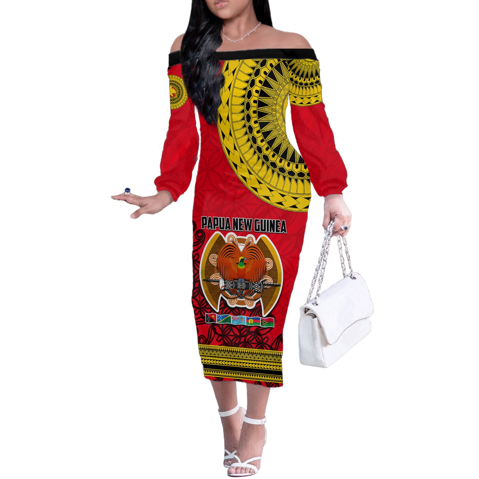 Papua New Guinea Off The Shoulder Long Sleeve Dress Melanesian Festival 2023 LT6 Women Red - Polynesian Pride