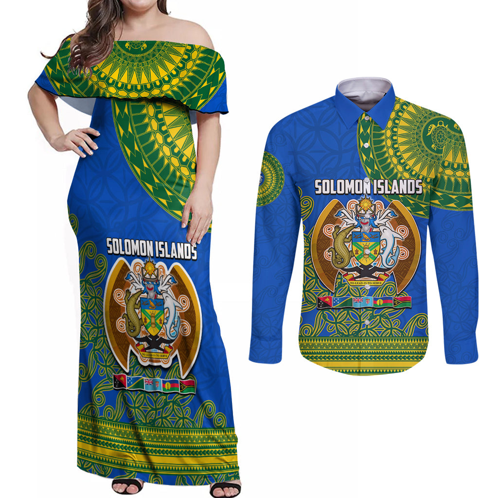 Solomon Islands Couples Matching Off Shoulder Maxi Dress and Long Sleeve Button Shirts Melanesian Festival 2023 LT6 Green - Polynesian Pride