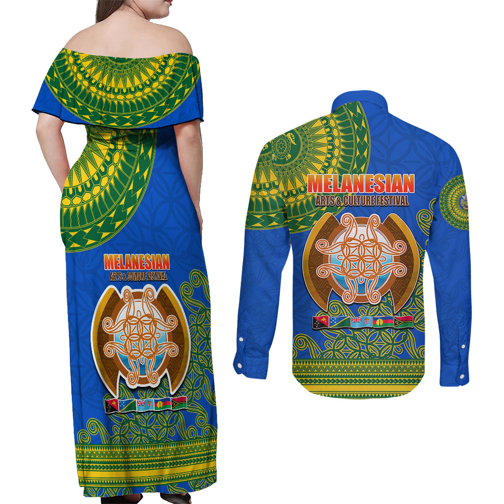 Solomon Islands Couples Matching Off Shoulder Maxi Dress and Long Sleeve Button Shirts Melanesian Festival 2023 LT6 - Polynesian Pride
