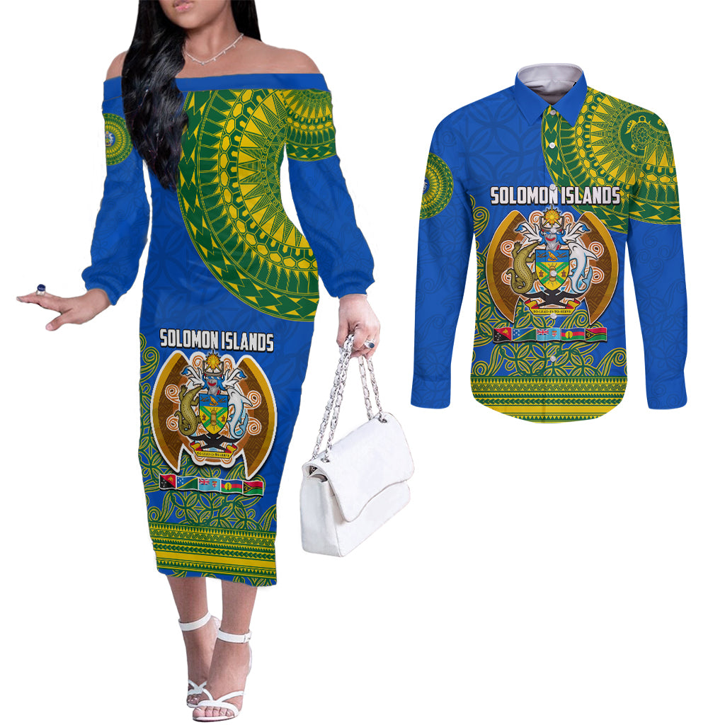 Solomon Islands Couples Matching Off The Shoulder Long Sleeve Dress and Long Sleeve Button Shirts Melanesian Festival 2023 LT6 Green - Polynesian Pride