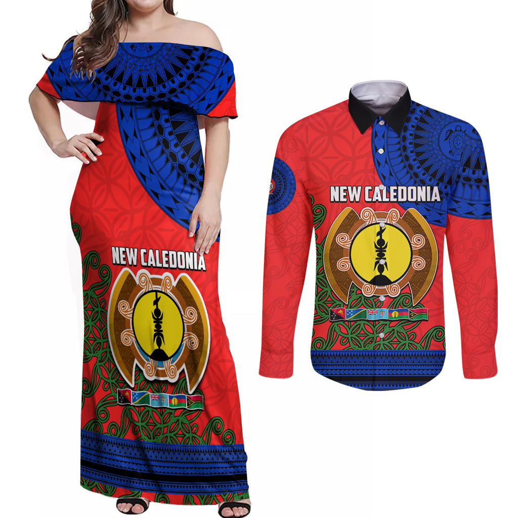 New Caledonia Couples Matching Off Shoulder Maxi Dress and Long Sleeve Button Shirts Melanesian Festival 2023 LT6 Red - Polynesian Pride