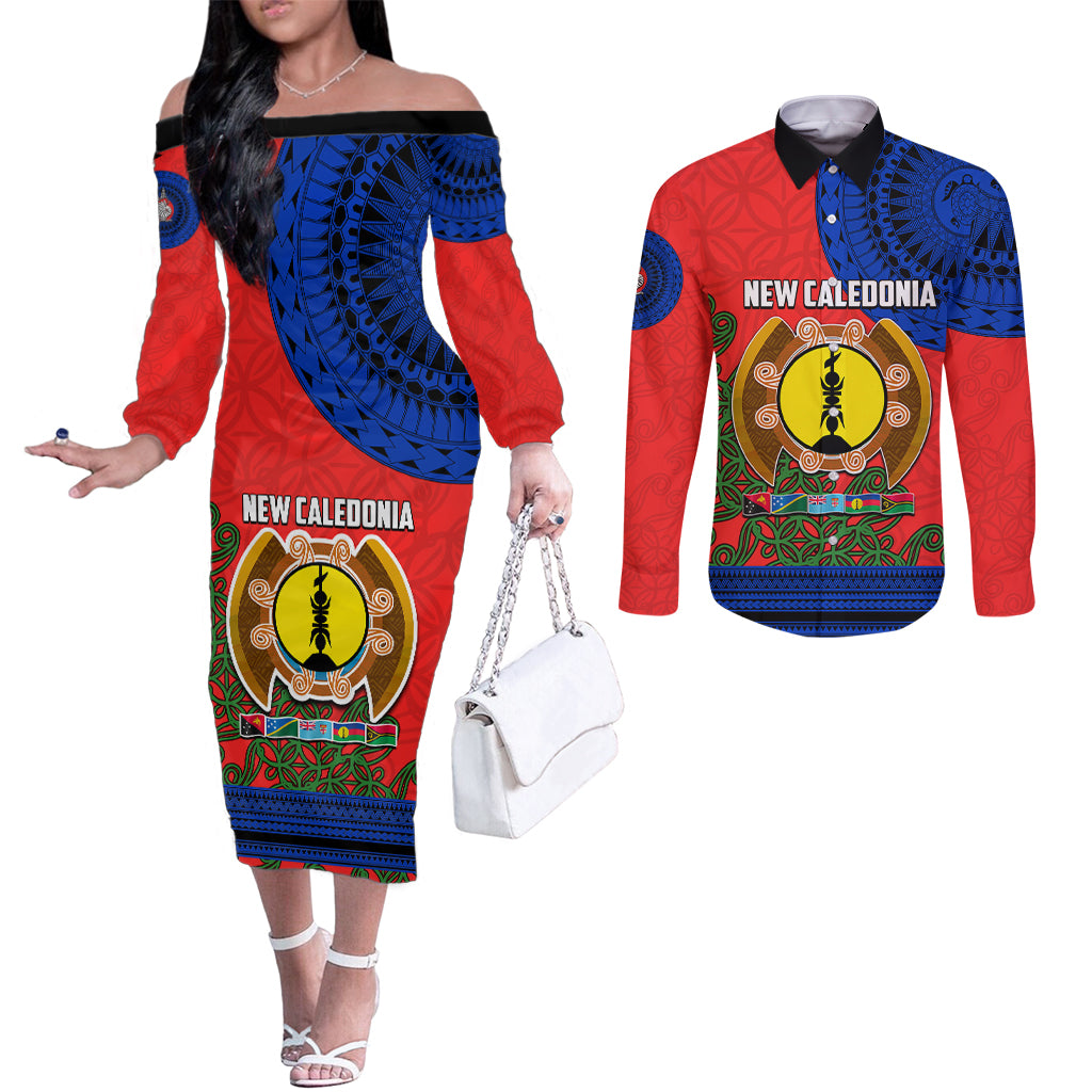 New Caledonia Couples Matching Off The Shoulder Long Sleeve Dress and Long Sleeve Button Shirts Melanesian Festival 2023 LT6 Red - Polynesian Pride