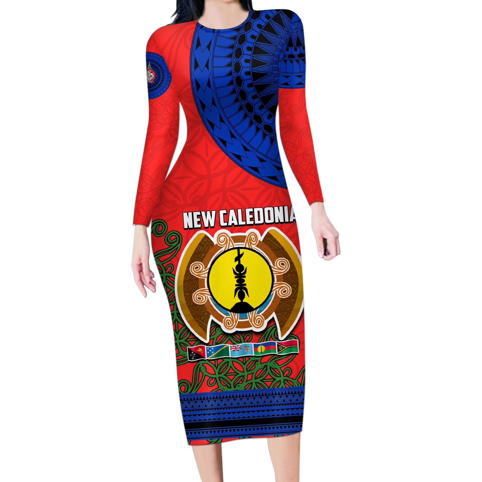 New Caledonia Long Sleeve Bodycon Dress Melanesian Festival 2023 LT6 Long Dress Red - Polynesian Pride