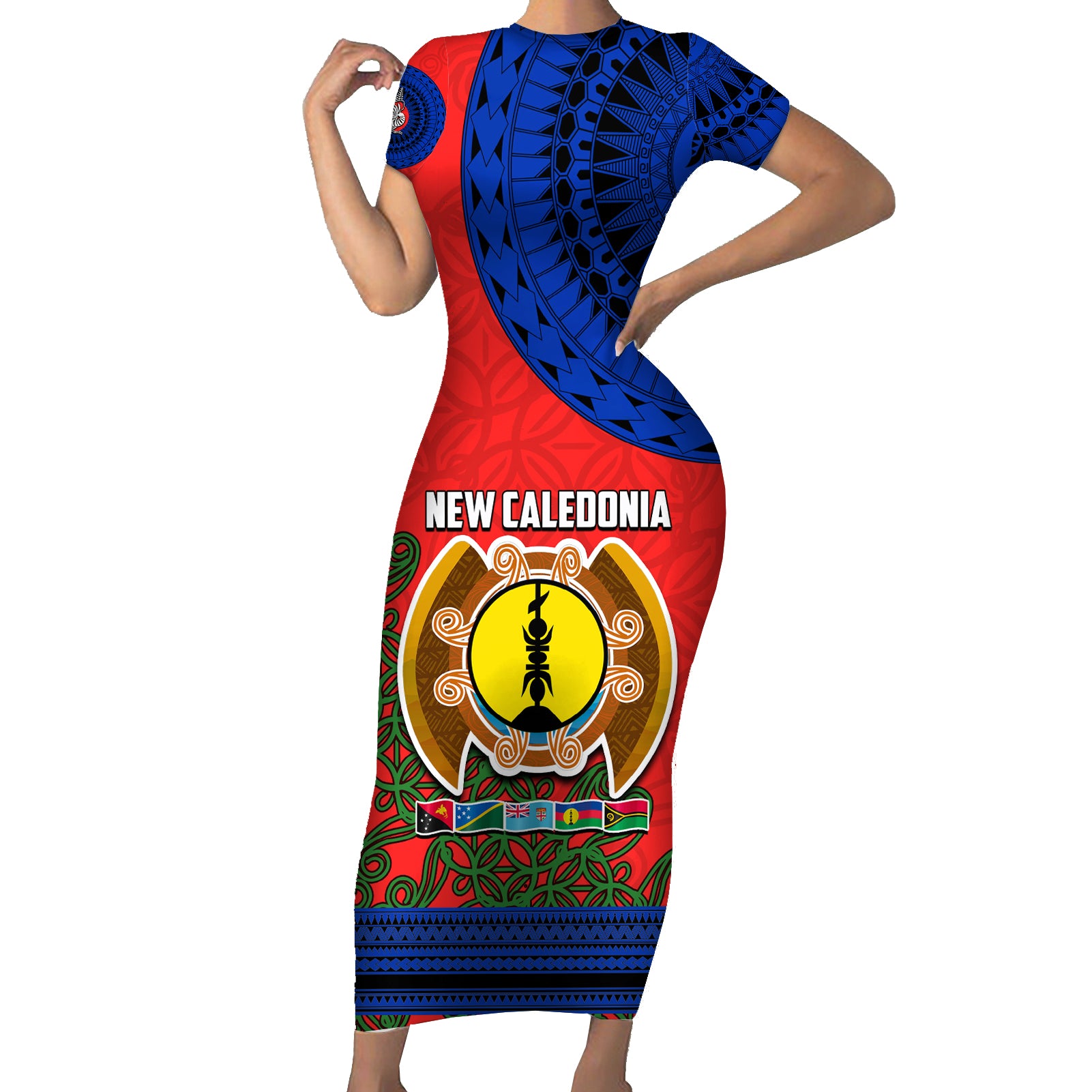 New Caledonia Short Sleeve Bodycon Dress Melanesian Festival 2023 LT6 Long Dress Red - Polynesian Pride