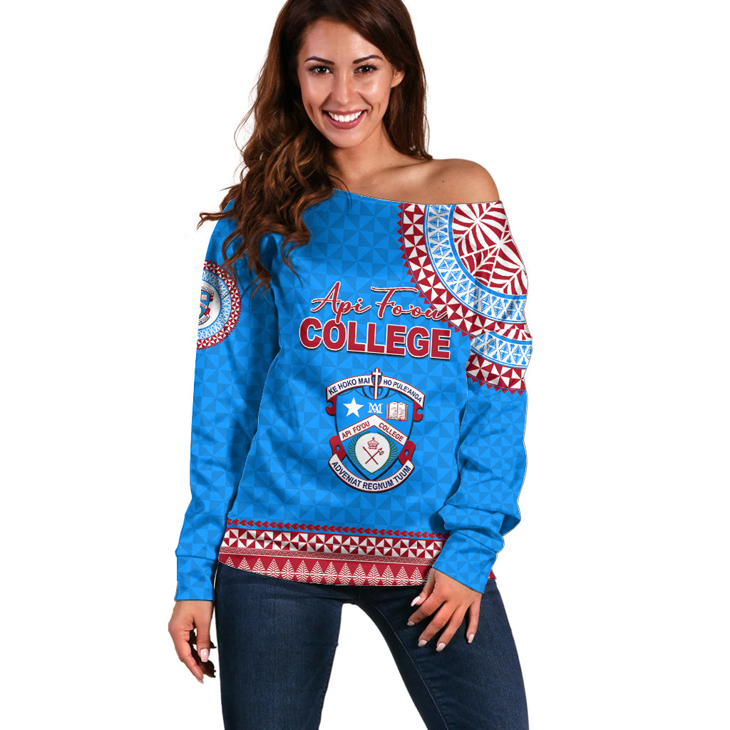 Tonga School Api Fo'ou College Off Shoulder Sweater Tribal Pattern LT6 Women Blue - Polynesian Pride