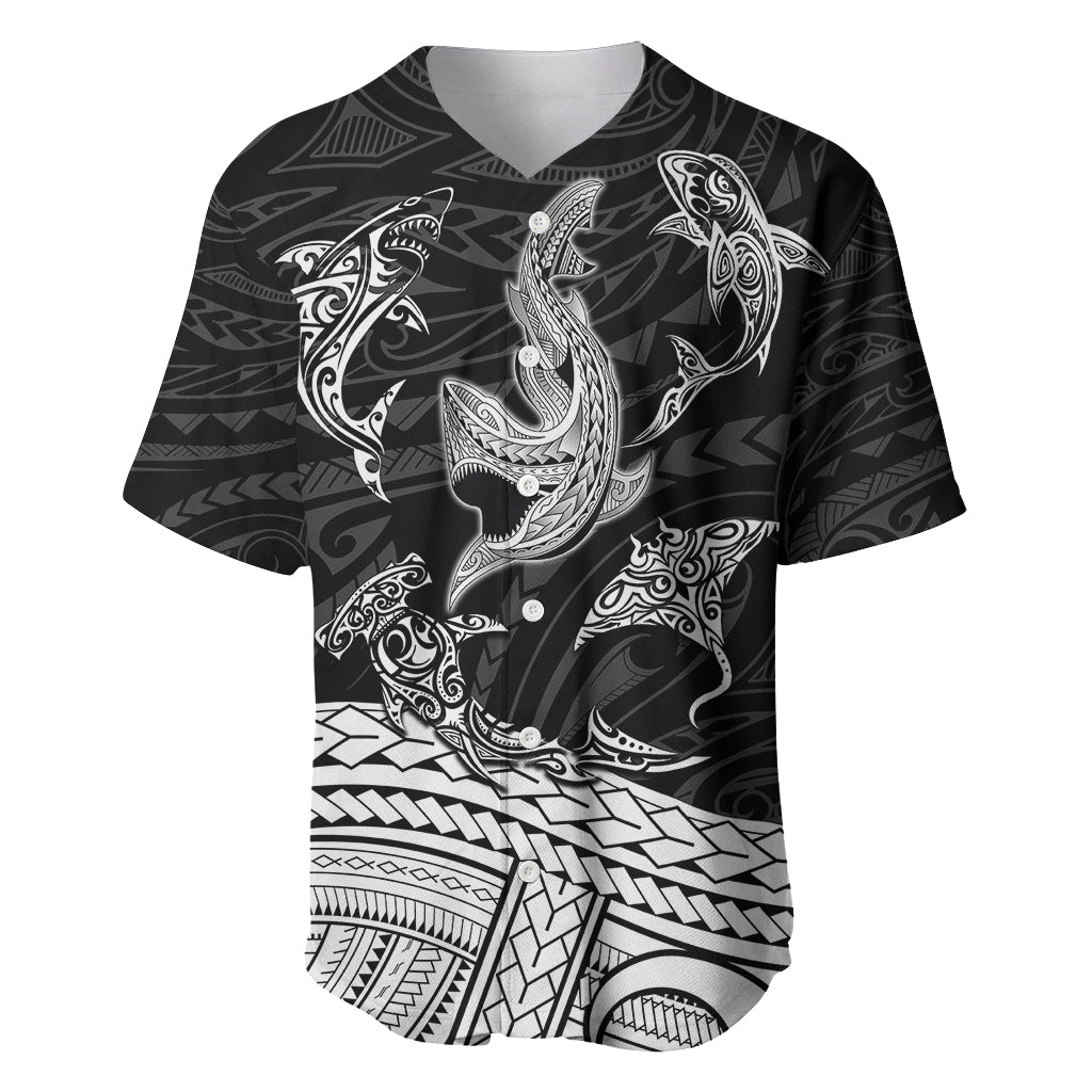 Polynesian Tribal Baseball Jersey with Sharks Tattoo White LT6 White - Polynesian Pride