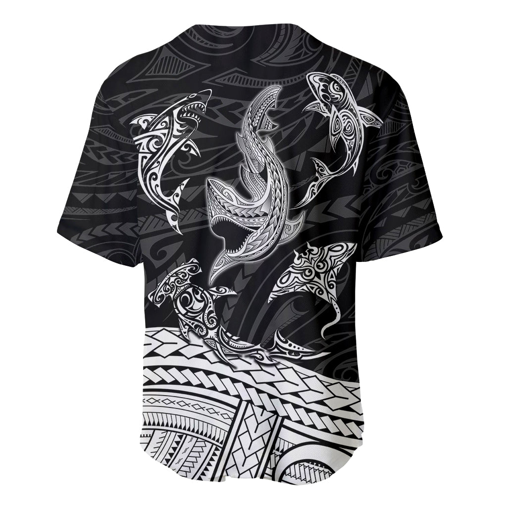 Polynesian Tribal Baseball Jersey with Sharks Tattoo White LT6 - Polynesian Pride
