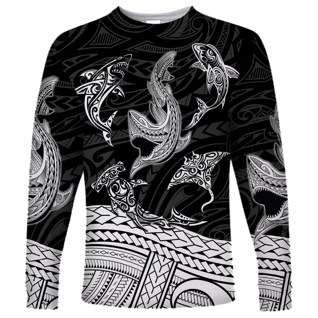 Polynesian Tribal Long Sleeve Shirt with Sharks Tattoo White LT6 Unisex White - Polynesian Pride