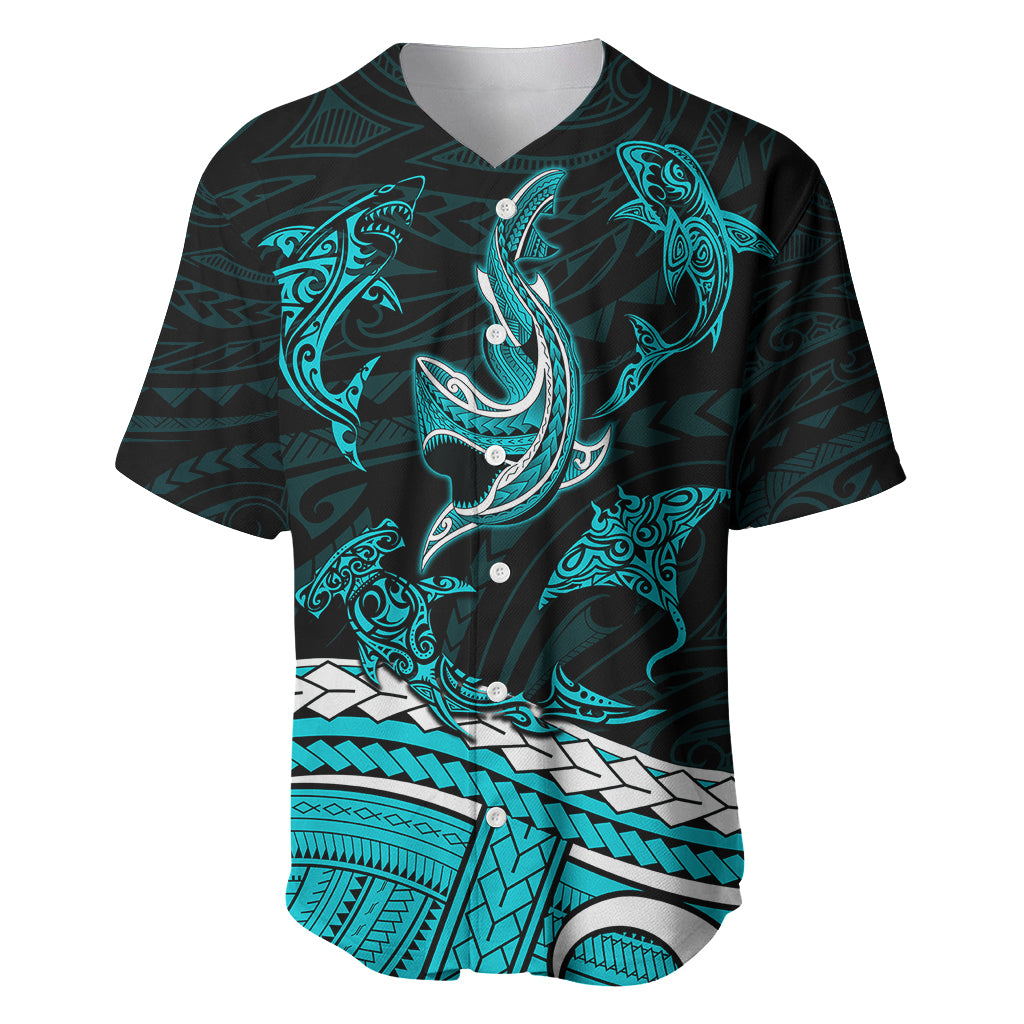 Polynesian Tribal Baseball Jersey with Sharks Tattoo Green LT6 Green - Polynesian Pride