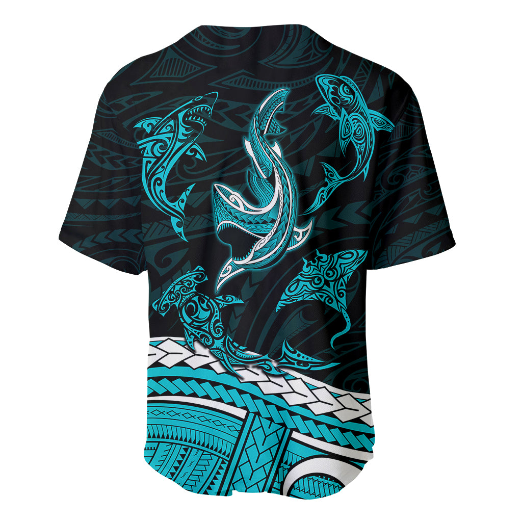 Polynesian Tribal Baseball Jersey with Sharks Tattoo Green LT6 - Polynesian Pride