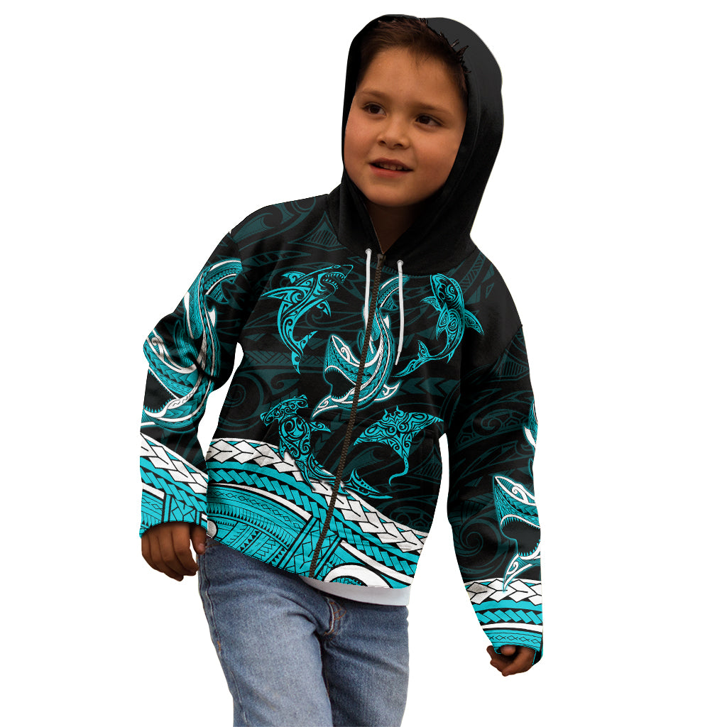 Polynesian Tribal Kid Hoodie with Sharks Tattoo Green LT6 - Polynesian Pride