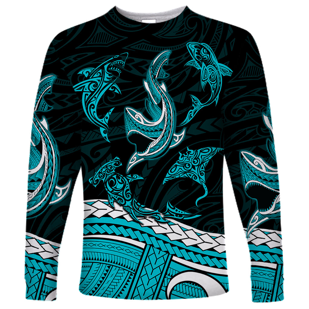 Polynesian Tribal Long Sleeve Shirt with Sharks Tattoo Green LT6 Unisex Green - Polynesian Pride