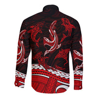 Polynesian Tribal Long Sleeve Button Shirt with Sharks Tattoo Red LT6 - Polynesian Pride