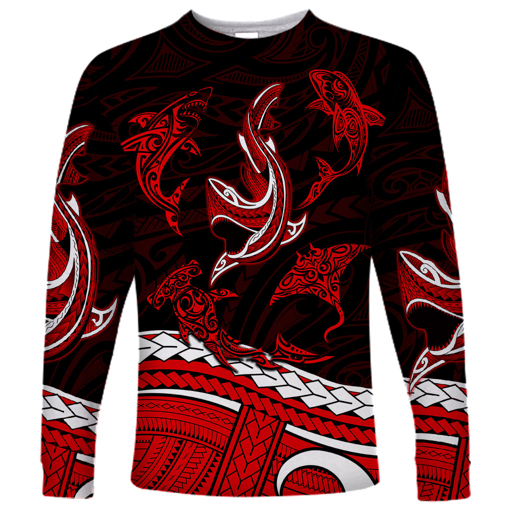 Polynesian Tribal Long Sleeve Shirt with Sharks Tattoo Red LT6 Unisex Red - Polynesian Pride