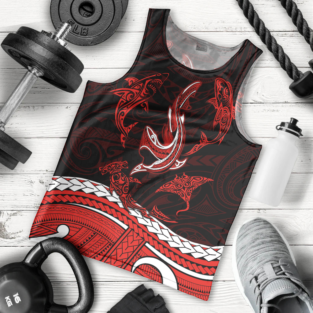 Polynesian Tribal Men Tank Top with Sharks Tattoo Red LT6 Red - Polynesian Pride