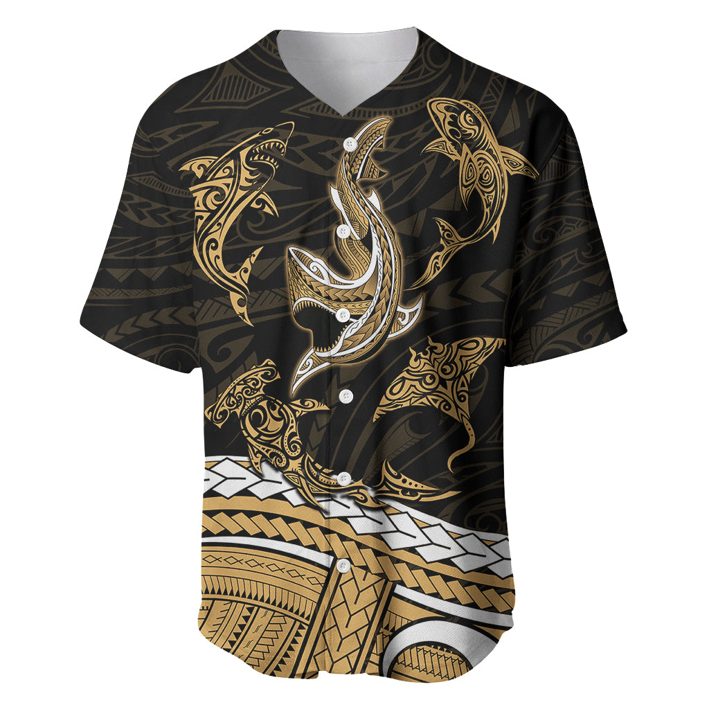 Polynesian Tribal Baseball Jersey with Sharks Tattoo Gold LT6 Gold - Polynesian Pride