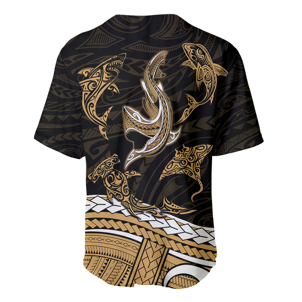 Polynesian Tribal Baseball Jersey with Sharks Tattoo Gold LT6 - Polynesian Pride
