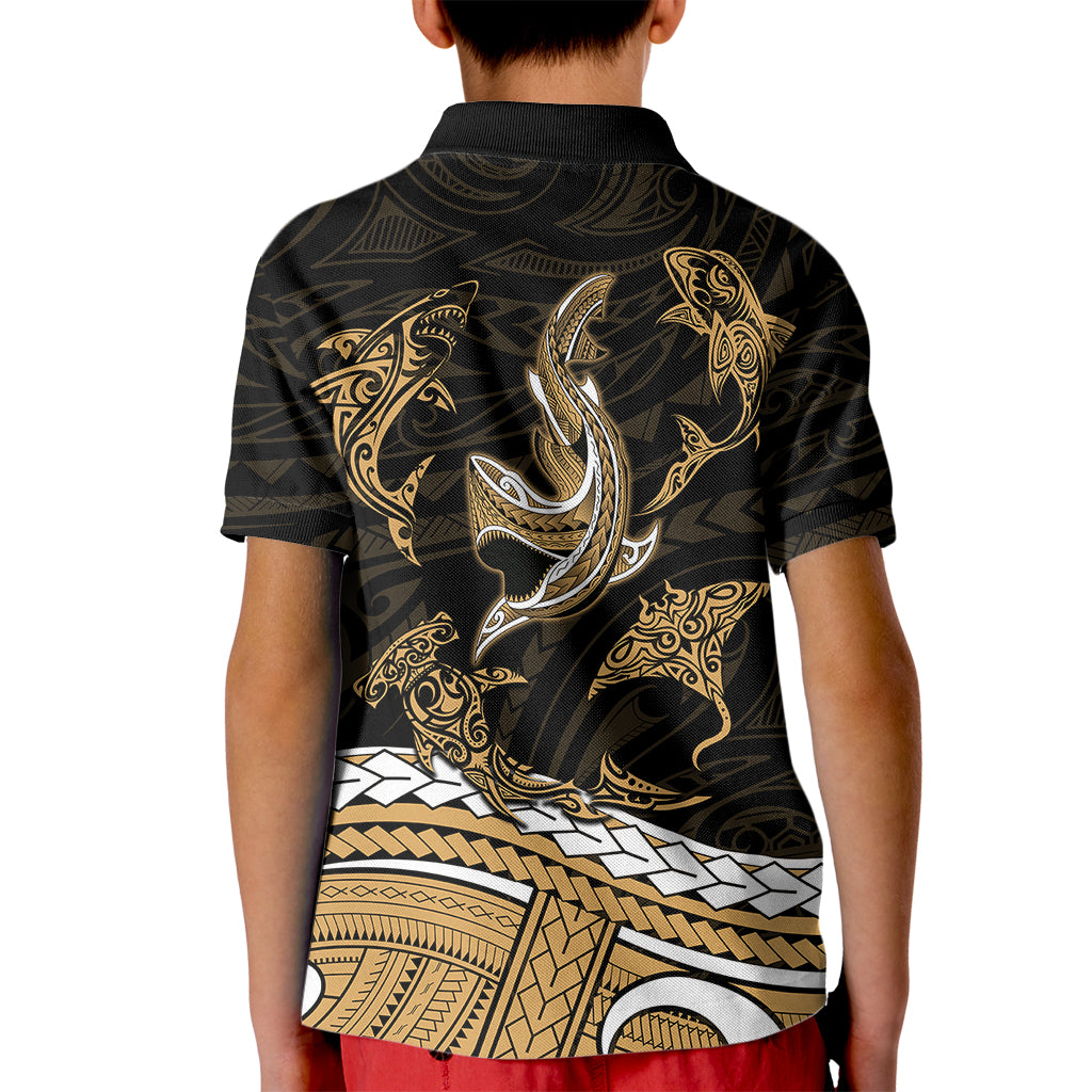 Polynesian Tribal Kid Polo Shirt with Sharks Tattoo Gold LT6 - Polynesian Pride