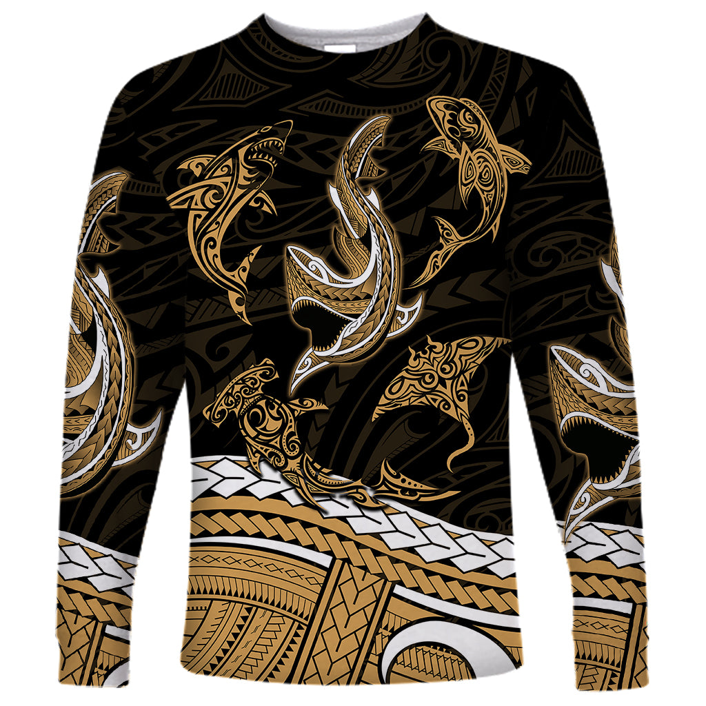 Polynesian Tribal Long Sleeve Shirt with Sharks Tattoo Gold LT6 Unisex Gold - Polynesian Pride