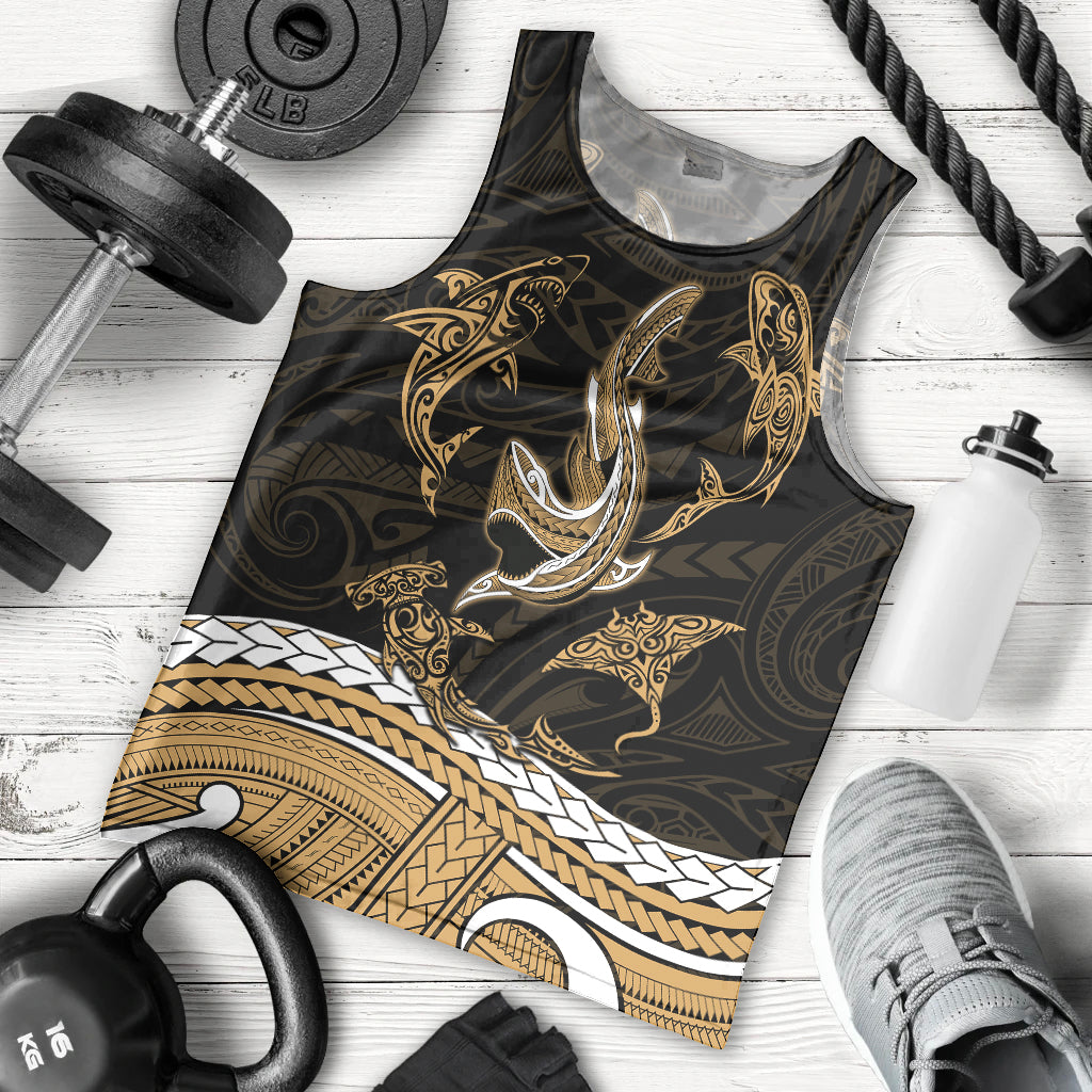 Polynesian Tribal Men Tank Top with Sharks Tattoo Gold LT6 Gold - Polynesian Pride