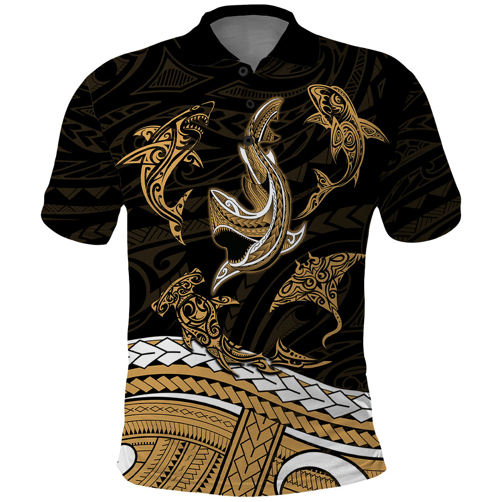 Polynesian Tribal Polo Shirt with Sharks Tattoo Gold LT6 Gold - Polynesian Pride