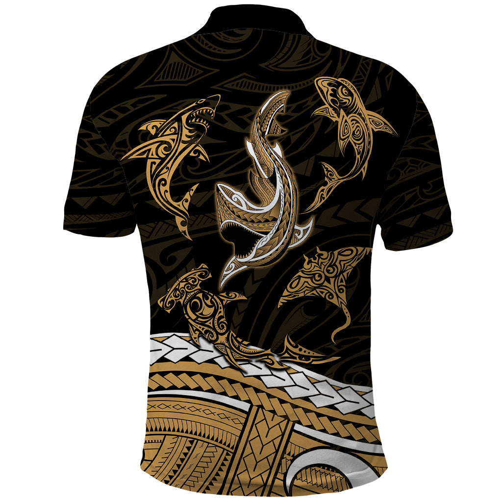 Polynesian Tribal Polo Shirt with Sharks Tattoo Gold LT6 - Polynesian Pride