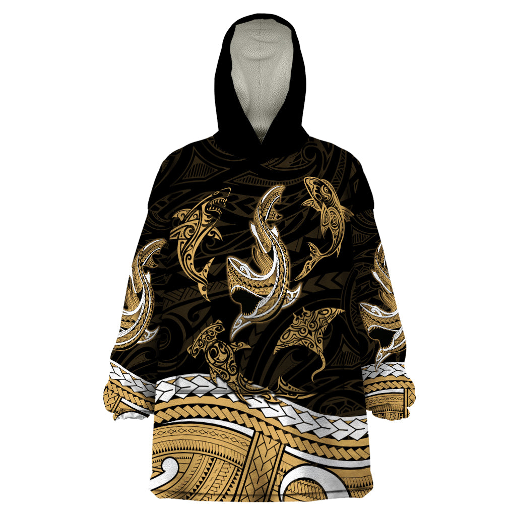 Polynesian Tribal Wearable Blanket Hoodie with Sharks Tattoo Gold LT6 One Size Gold - Polynesian Pride