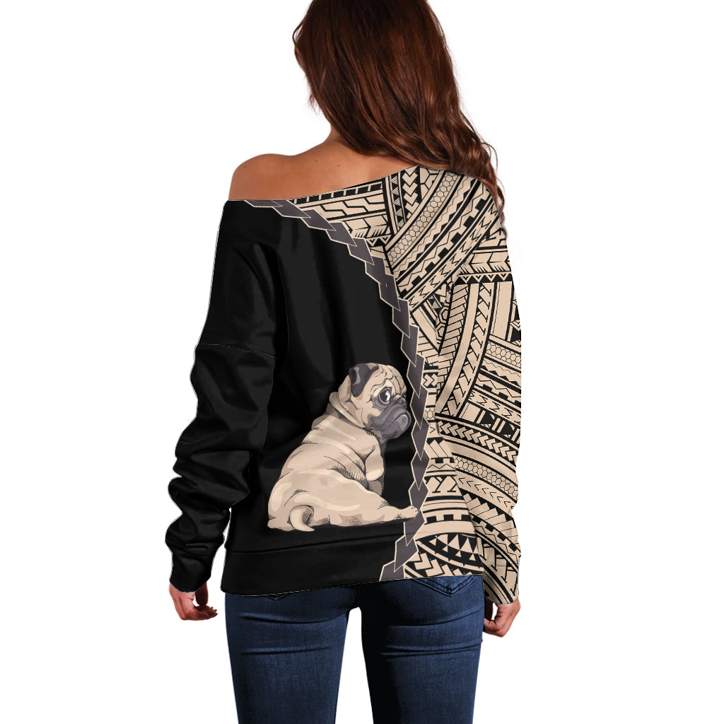 Custom Pug Dog Off Shoulder Sweater With Polynesian Tribal Tattoo LT6 - Polynesian Pride