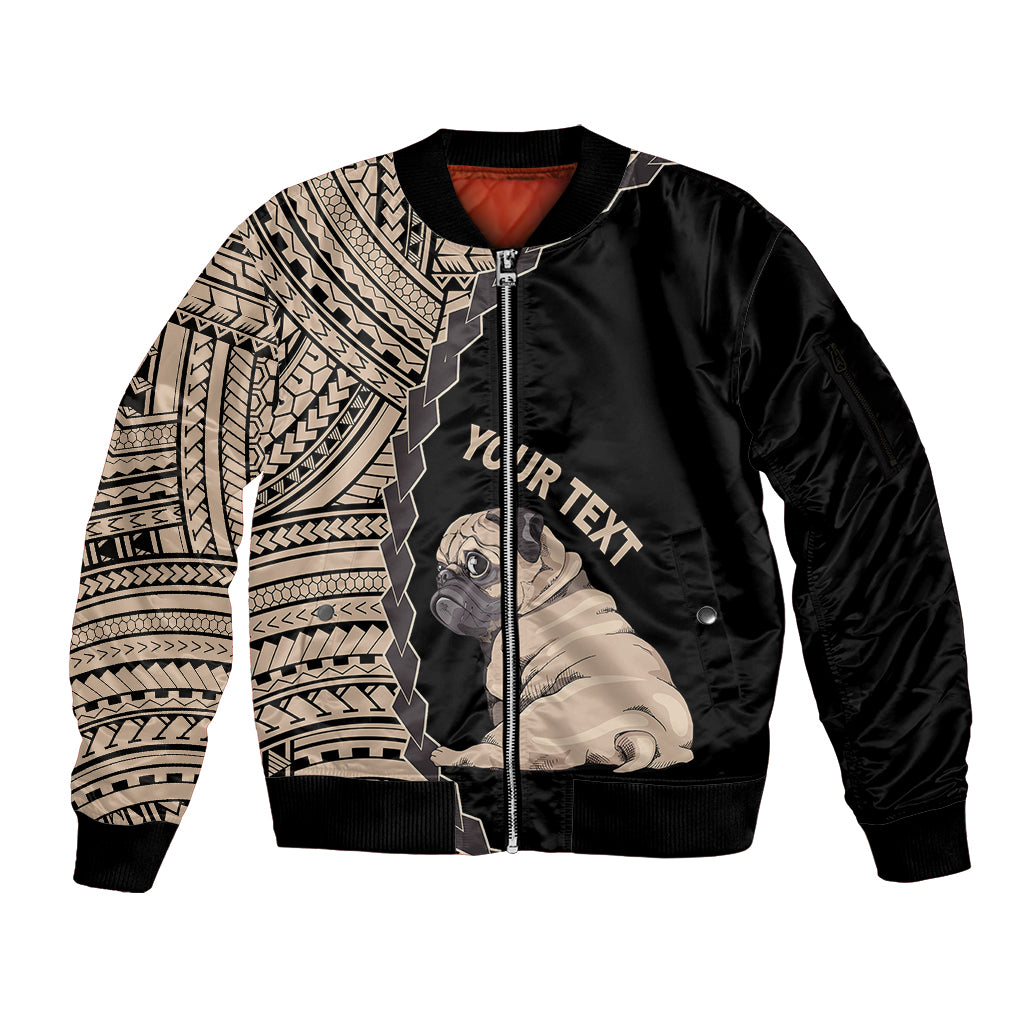 Custom Pug Dog Sleeve Zip Bomber Jacket With Polynesian Tribal Tattoo LT6 Unisex Black - Polynesian Pride