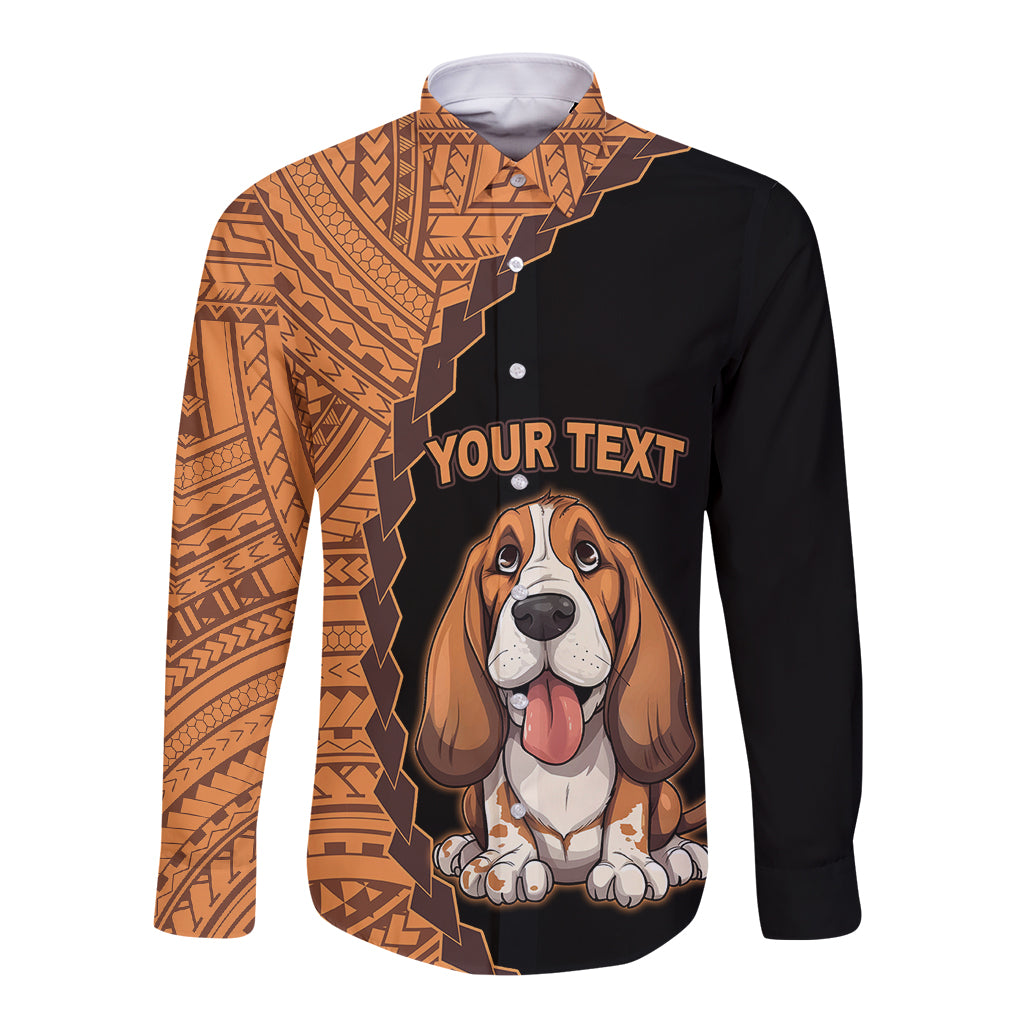 Custom Basset Hound Dog Long Sleeve Button Shirt With Polynesian Tribal Tattoo LT6 Unisex Black - Polynesian Pride