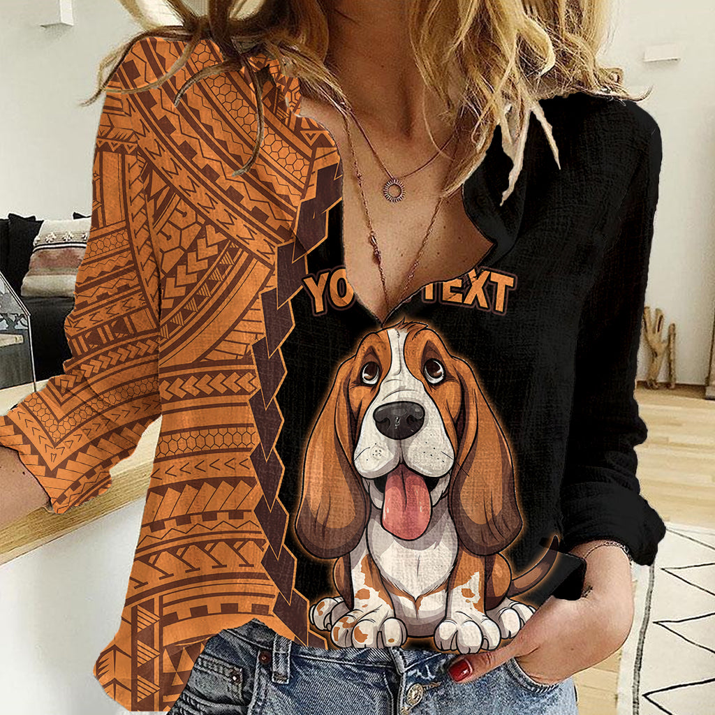 Custom Basset Hound Dog Women Casual Shirt With Polynesian Tribal Tattoo LT6 Female Black - Polynesian Pride