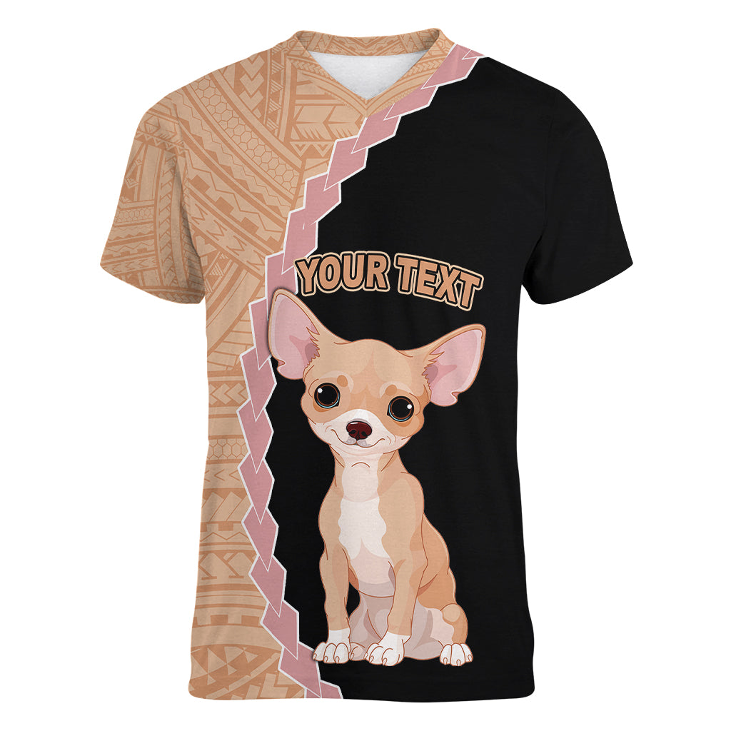 Custom Chihuahua Dog Women V Neck T Shirt With Polynesian Tribal Tattoo LT6 Female Black - Polynesian Pride