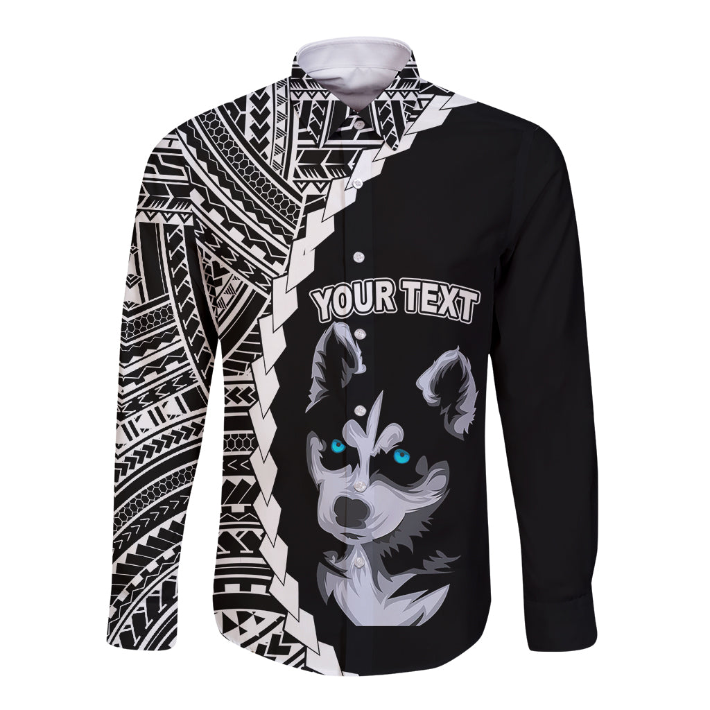 Custom Husky Dog Long Sleeve Button Shirt With Polynesian Tribal Tattoo LT6 Unisex Black - Polynesian Pride