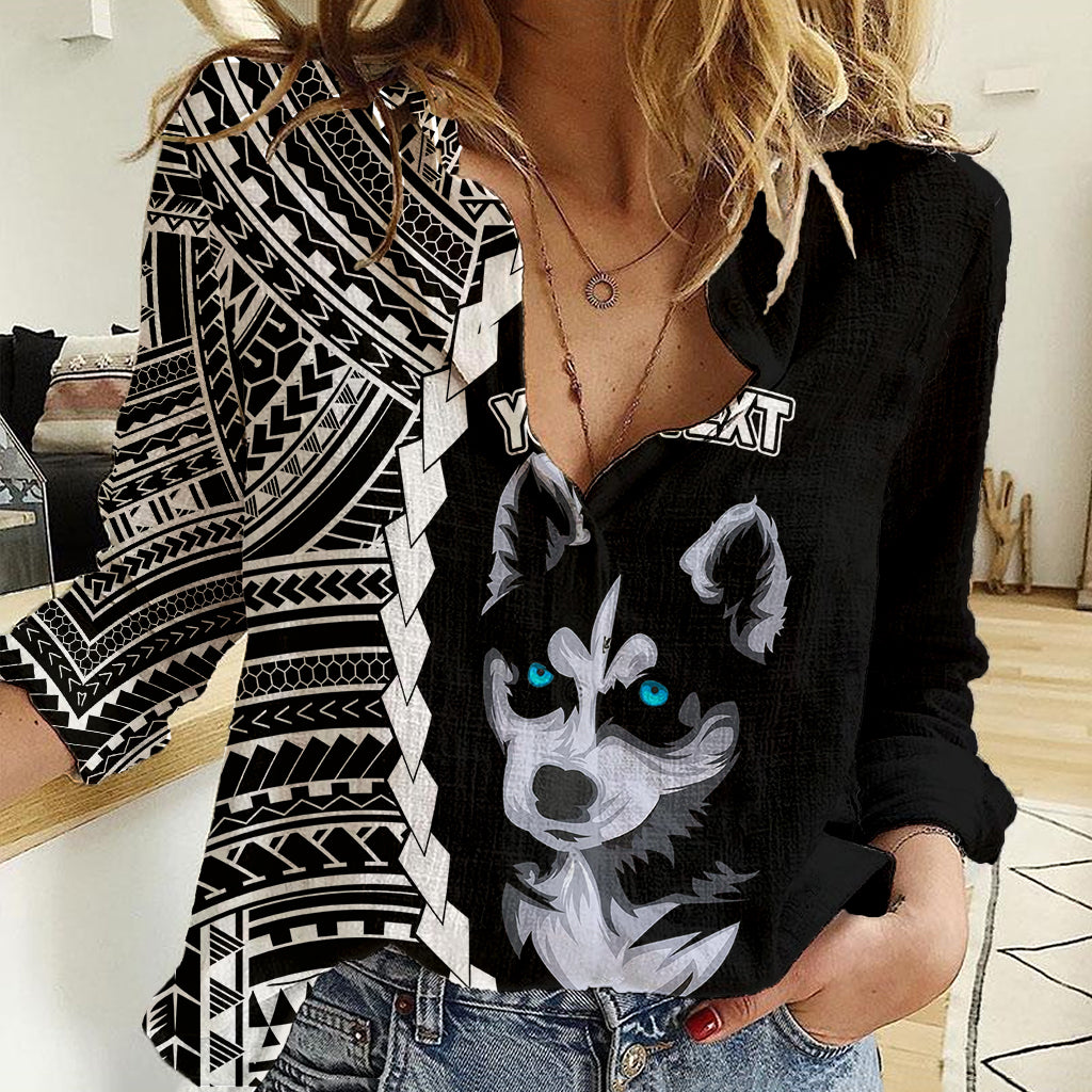 Custom Husky Dog Women Casual Shirt With Polynesian Tribal Tattoo LT6 Female Black - Polynesian Pride