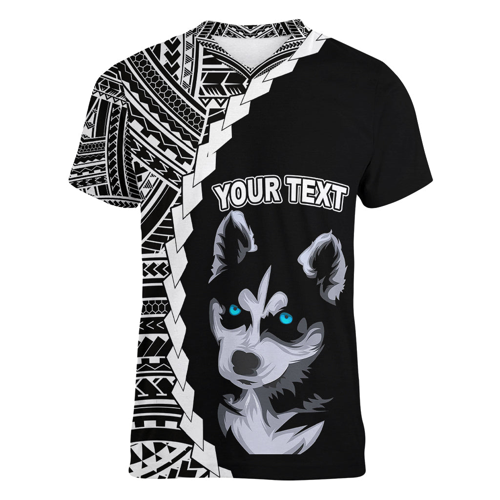 Custom Husky Dog Women V Neck T Shirt With Polynesian Tribal Tattoo LT6 Female Black - Polynesian Pride