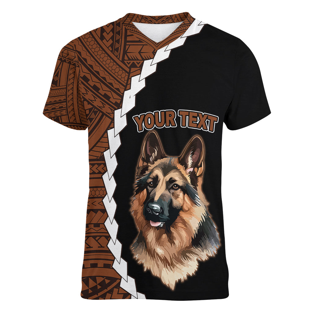 Custom German Shepherd Dog Women V Neck T Shirt With Polynesian Tribal Tattoo LT6 Female Black - Polynesian Pride