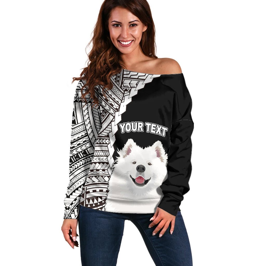 Custom Samoyed Dog Off Shoulder Sweater With Polynesian Tribal Tattoo LT6 Women Black - Polynesian Pride