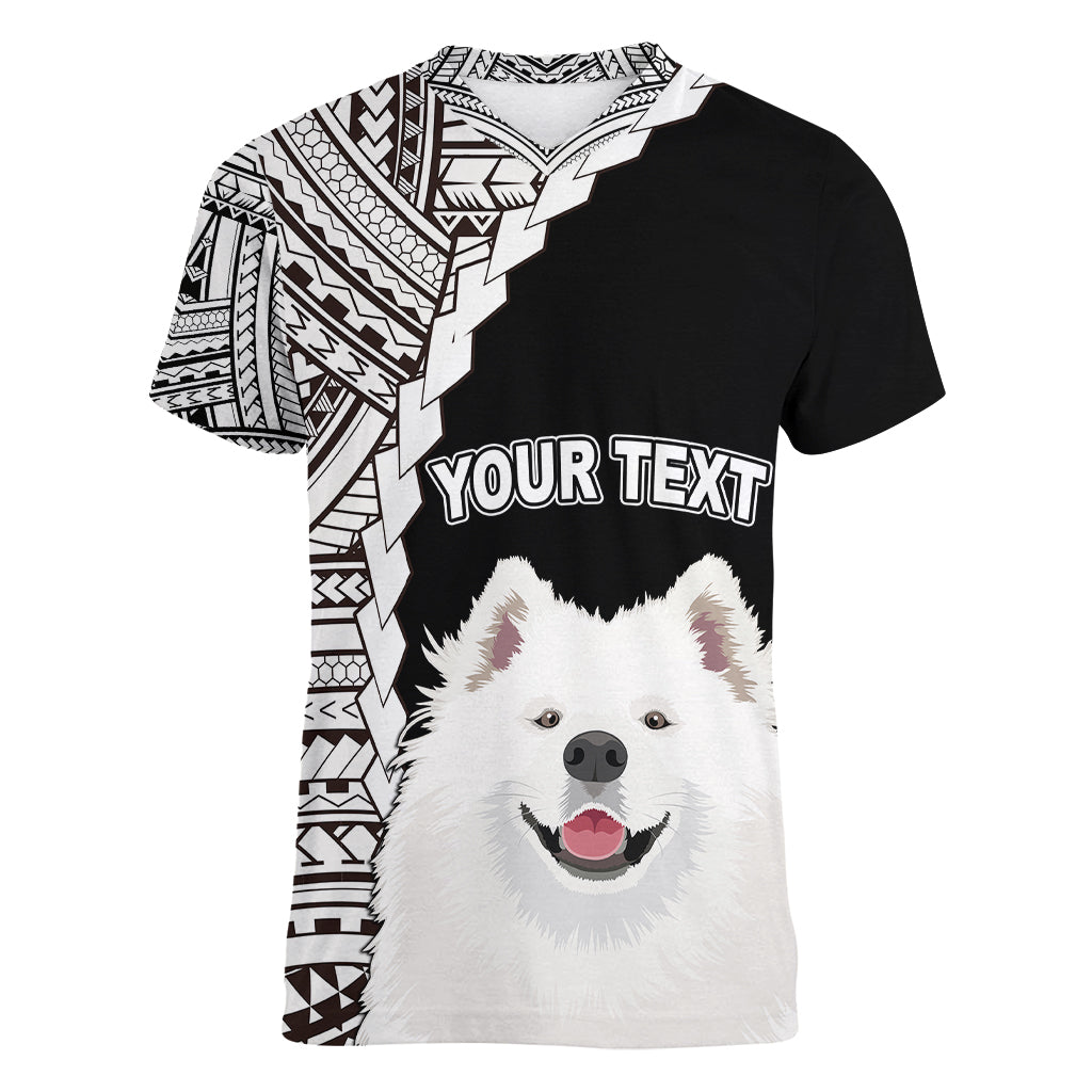 Custom Samoyed Dog Women V Neck T Shirt With Polynesian Tribal Tattoo LT6 Female Black - Polynesian Pride