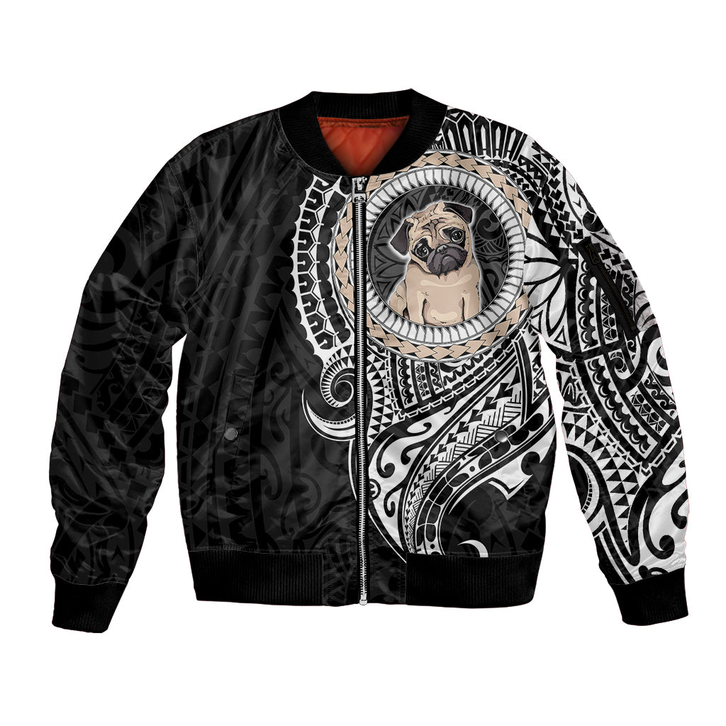 Polynesian Pug Dog Sleeve Zip Bomber Jacket Dog In My Heart LT6 Unisex Black - Polynesian Pride