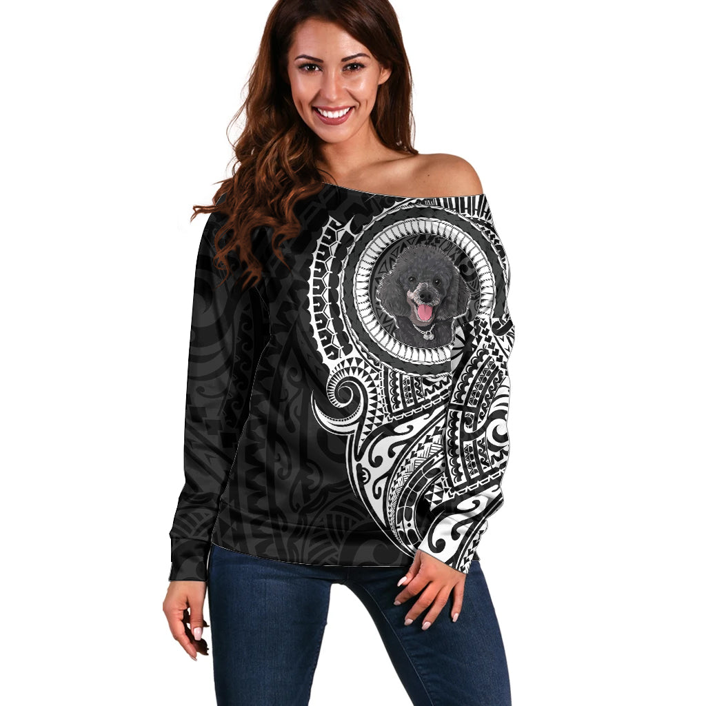 Polynesian Poodle Dog Off Shoulder Sweater Dog In My Heart LT6 Women Black - Polynesian Pride