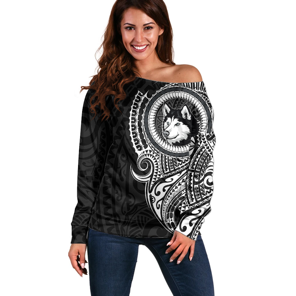 Polynesian Husky Dog Off Shoulder Sweater Dog In My Heart LT6 Women Black - Polynesian Pride