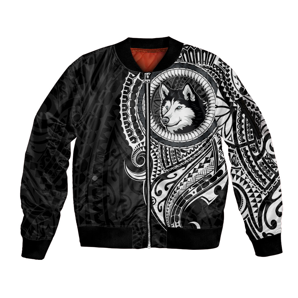 Polynesian Husky Dog Sleeve Zip Bomber Jacket Dog In My Heart LT6 Unisex Black - Polynesian Pride