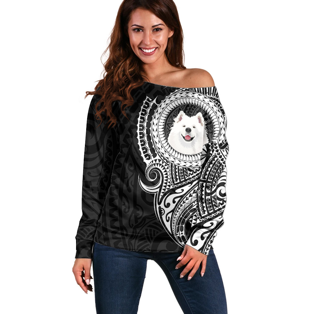 Polynesian Samoyed Dog Off Shoulder Sweater Dog In My Heart LT6 Women Black - Polynesian Pride